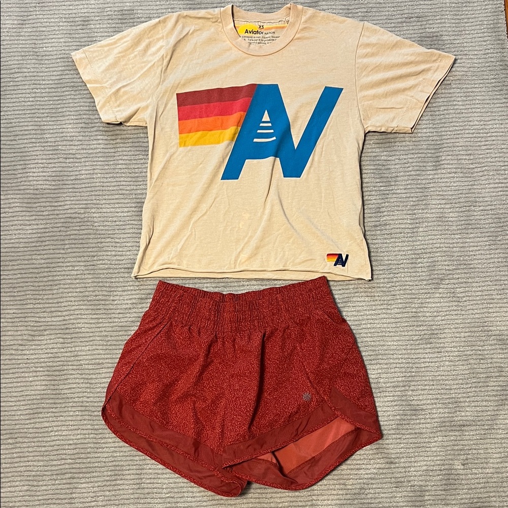 Aviator Nation Beige Tee with Vibrant Graphic and matching Athleta shorts